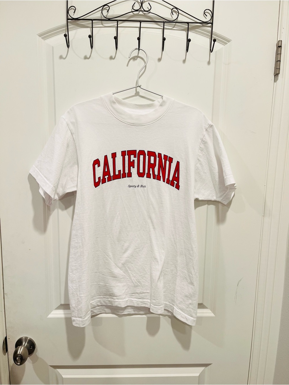 Sporty & Rich White T-Shirt with Red "California" Arch Logo